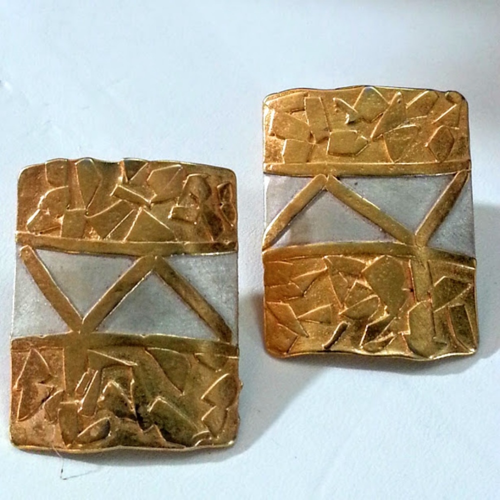 Modernist Bold Two Tone sterling gold nugget rectangle shaped earrings long post